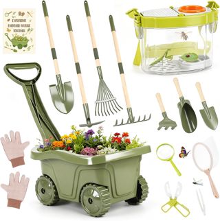 Brouette Enfant – 17PCS Kit Jardinage Enfant avec Outils Longs et Court,Boîte d’Observation Insectes, Loupe, Filet à Papillons & Accessoires – Ensemble Jardinage + Exploration Nature pour Enfants 3+