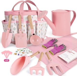 cossy Ensemble Jardinage Enfant, 13 Pièces Kit Outils de Jardin, Outils de Jardinage pour Enfants, Jouet de Jardin Enfants avec Sac à Main,Tablier, Pelle, Râteau, Arrosoir, Gants, Rose