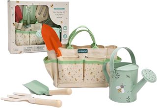 Miniland Set de Jardinage Enfant - Outils de Jardinage avec Sac, Pelle, Transplantoir, Râteau et Arrosoir, Jeu Éducatif pour Découvrir Les Plantes, Dès 3 Ans
