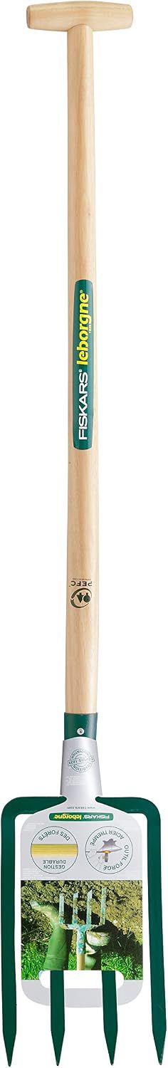 Leborgne, Fourche à Bêcher, 4 dents, Manche Bois En T, Tête Acier Forgé et Trempé, Idéal pour les sols lourds et caillouteux, Manche de 90 cm, Matière Acier forgé et trempé/Bois