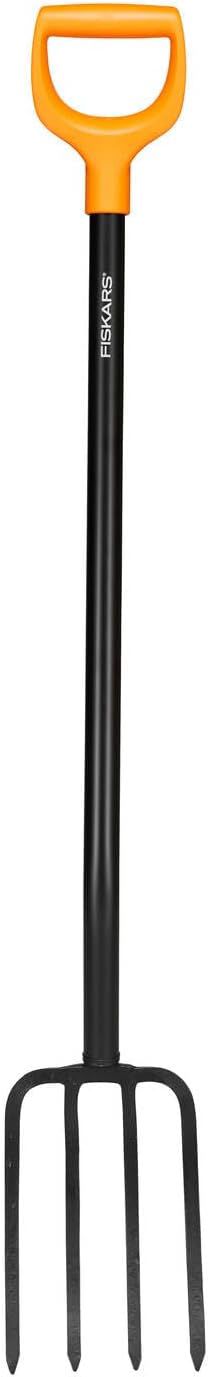 Fiskars Fourche à bêcher pour sols durs et caillouteux, Avec 4 dents, Longueur : 120 cm, Manche en acier de haute qualité, Noir/Orange, Solid, 1070673