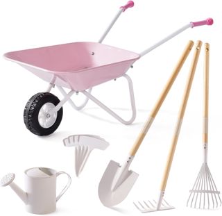 ROBUD Brouette en métal pour enfants avec outils de jardin pour enfants, brouette avec pelle longue, hache, râteau, arrosoir, étiquettes pour plantes, outils de jardinage pour filles et garçons à