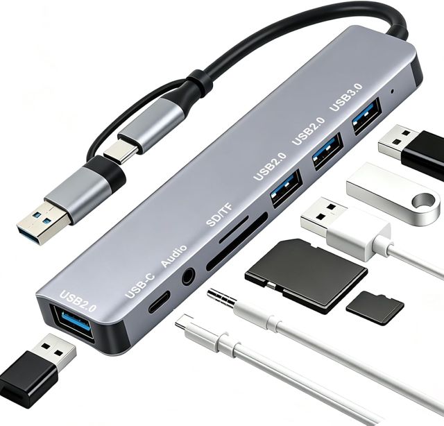 Hub USB C 8 en 2, USB 3.0 Multiport avec Lecteur de USB 3.0, USB 2.0