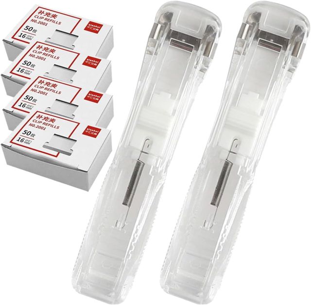 Cabilock Agrafeuse Multifonction Portable sans Perforation, Lot de 2 Set de Set de Agrafeuses Transparentes 200 Trombones Rechargeables, Distributeur Pratique pour Bureau, Plusieurs styles