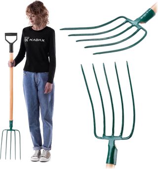KADAX Fourche à Foin en Acier avec Manche en Bois, Fourche à Bêcher pour Lever et Déplacer la Paille, Le Compost et Le Fumier, Outil de Jardinage (2 Dents)