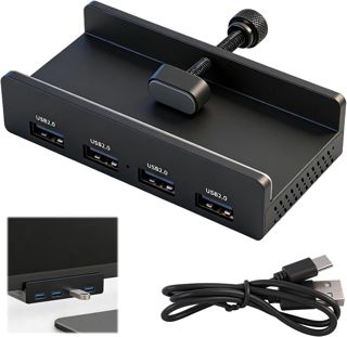 Hub USB 2.0, à Clip 4 Ports USB-A en Alliage d’Aluminium, Hub USB avec Pince Réglable pour Bureau et Écran, Extension USB Haute Vitesse avec Câble Long 150 cm, Hub USB Bureau