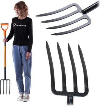 KADAX Fourche à Bêcher d'une Tête en Acier Trempé au Carbone, Outil de Jardin avec Manche Long et Poignée en Forme D, Fourche de Jardinage (4 Dents)