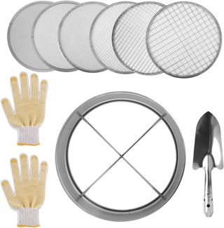 Savita Tamis de Jardinage, Tamis de Jardin en Acier Inoxydable de 20cm 6 Pièces de Filtres à Mailles Interchangeables Ensemble de Tamis de Sol avec Écrans de Cadre Spatule et Gants