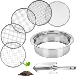5-en-1 Tamis de Jardinage en Acier Inoxydable,Tamis à Sable avec Mailles Ø 1, 3, 6, 9 et 12 mm,Inclut 1 Pelle à Main pour Terre, Pierres, Compost, Mauvaises Herbes, Sable, Gravier et Graines