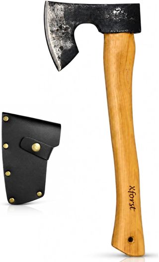 Xforst Hache Viking Barbue 38 cm | Hachette Bushcraft & Camping | Tête Forgée Acier Carbone Finition Brute | Manche en Hickory | Étui Cuir Véritable Inclus | Cadeau Homme | 0,95 kg X-HX6