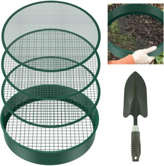 Lot de 6 tamis de jardin ronds de 30 cm avec 4 tamis interchangeables - Tamis à compost en acier inoxydable pour terre, compost, semences - Avec pelle de jardin
