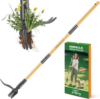 Désherbeur Manuel 1.1m Longueur, Arrache Pissenlit, Manche en Bambou Naturel et 4 Griffes en Métal, Désherbeur de Jardin Debout avec des Gants de Jardinage, Adapté Aux Animaux (Upgrade)