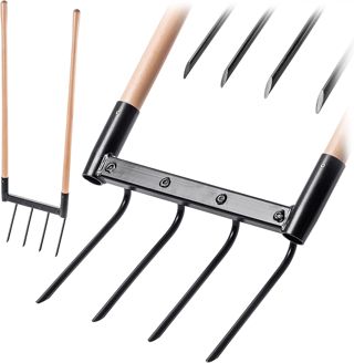 KADAX Fourche de jardin avec 4 dents et longues poignées en bois, fourche à creuser pour ameublir le sol et le jardinage, fourche large pour aérer les sols (49,5 x 134 cm)