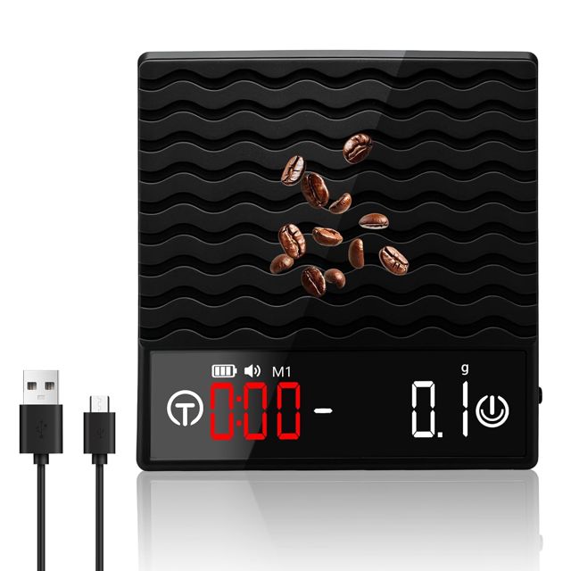Balance à café miniature avec minuterie, balance à expresso 2 kg/0,1 g, balance de cuisine multifonction avec écran LED pour la cuisine et le bureau