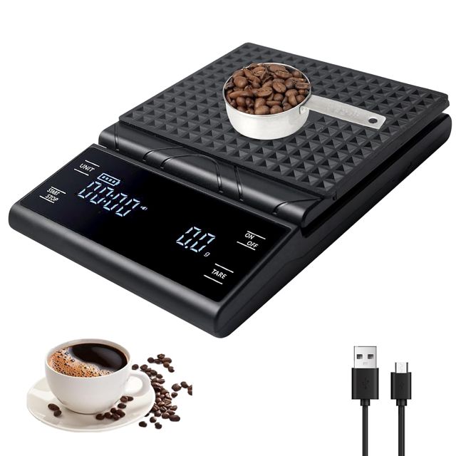 Balance à café avec minuterie, rechargeable, 5 kg/0,1 g, avec écran LCD, 5 modes de pesée, rechargeable par USB C, fonction tare/arrêt automatique