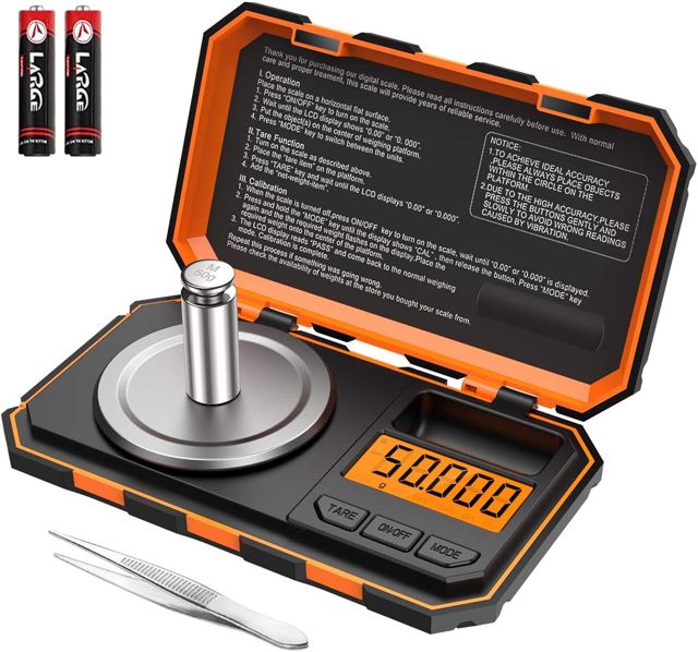 Brifit Balance de Cuisine, 50g/0.001g Balance de Poche Numérique, Balances de Précision 0,001g avec Poids de Calibrage 50g, Pince à Épiler, Fonction de Tare, LCD Rétroéclairé - Bleu