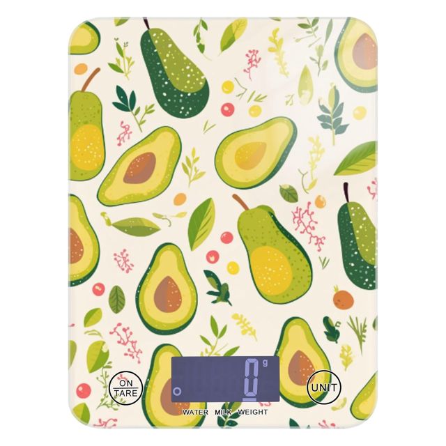 Petite balance de cuisine à motif d'avocat vert facile à nettoyer pour nourriture 5 kg/5 g avec 4 unités pour la fabrication de savon, la cuisson cétogène (piles non incluses)