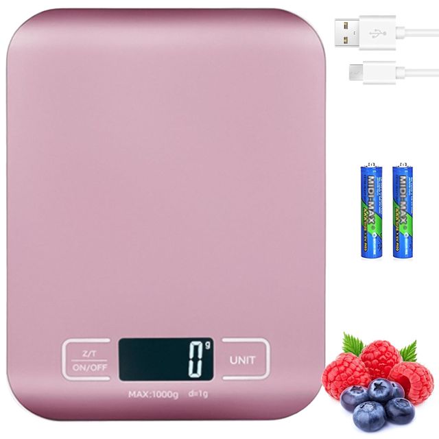 Balance de cuisine numérique, 10 kg/1 g - Balance de cuisine numérique USB rechargeable avec écran LCD et fonction tare - Balance de cuisine professionnelle avec batterie et câble de charge (Or rose)