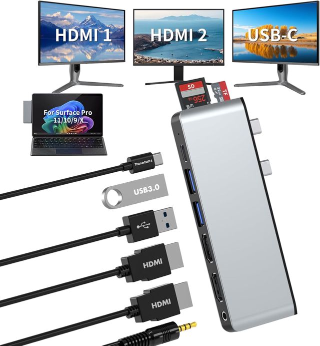 Surface Pro 11/10/9 Hub Station d'accueil avec double HDMI 4K @ 60 Hz, USB C Thunerbolt 4 (vidéo 8K + 40 Gbps + 100 W PD), USB 3.0 x 2, audio 3,5 mm, fente pour carte SD/TF – Adaptateur hub USB C pour