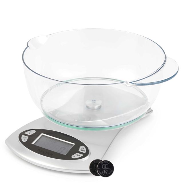 Balance de Cuisine Salter de 11 lb / 5 kg, balance numérique, bol amovible de 1,8 l, minuterie de cuisine, capteur de température, écran HD (Facile à lire), deux systèmes + liquides- argent