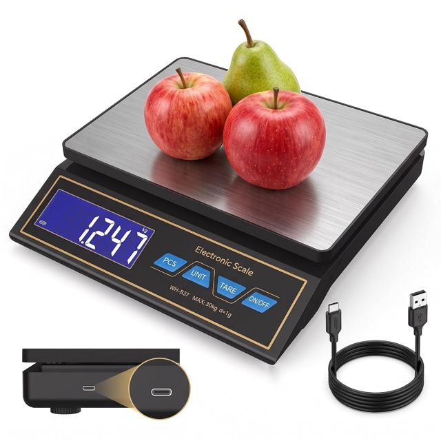 Balance de cuisine numérique 30kg/0,1g inox rechargeable USB-C