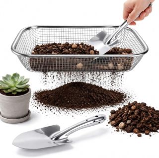 Tamis de Jardinage 2 Pièces, Tamis à Terre en Acier Inoxydable 201 avec Maille de 6 mm, Crible à Compost pour Sable, Gravier et Semences, avec 1 Pelle de Jardin, 33,5 x 25 x 6 cm, Argenté