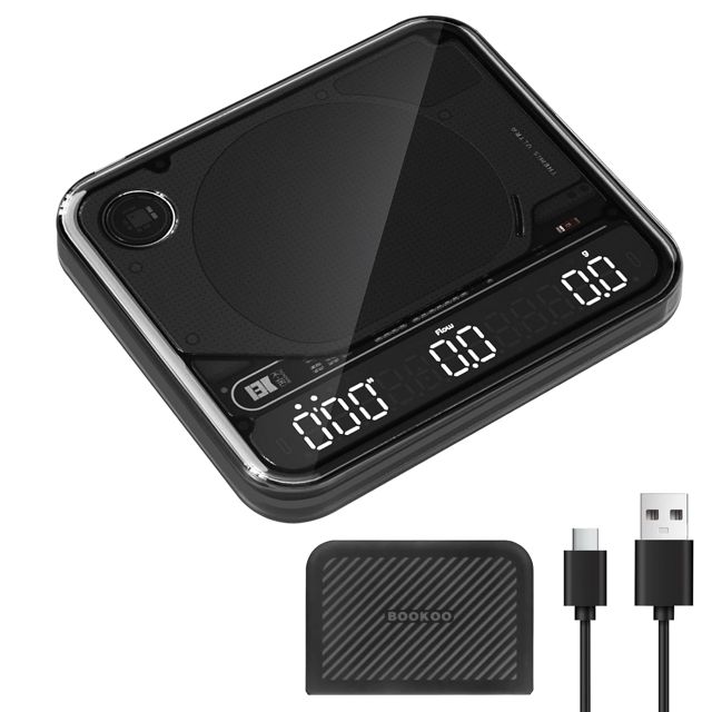 BOOKOO Balance à Café avec Minuterie, Balance Expresso 0,1 g, 2000 g, 4 Modes, Bluetooth avec Application, Suivi du Débit, IP67, Batterie 2000 mAh jusqu’à 72 h, USB, pour Expresso & Pour Over, Blanche