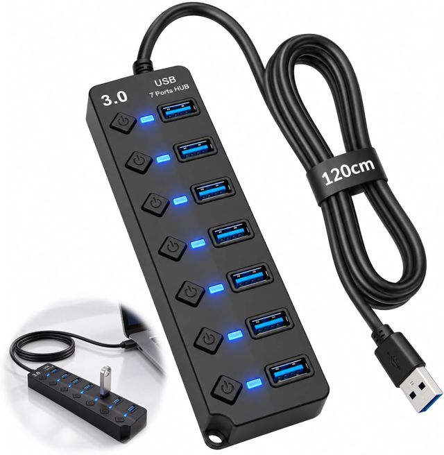 Hub USB 3.0, 7 Ports Adaptateurpour USB Adaptateur 5Gbps