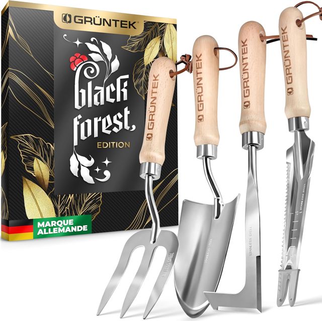 GRÜNTEK Kit Outils de Jardin en Acier INOX. Manche en Bois