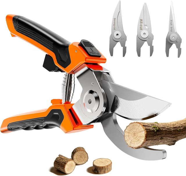 Preciva Secateur de Jardin Bypass,9" Sécateur de Jardin 4-en-1 à Lames Interchangeables-Multifonction,Taille,Cueillette & Bois Dur,pour Vignes, Rosiers, Fruits et Jardinage