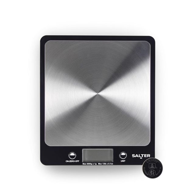 Salter Evo Balance de Cuisine Électronique– Écran LCD Facile à Lire, Capacité 6 kg, Pèse Aliments et Liquides, Fonction Ajouter et Peser, Conversion Métrique et Impériale, Design Fin et Compact, Noir