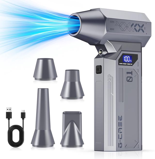 Souffleur Air Comprimé, 130000tr/min/140W, 4 Vitesses,Pression du Vent de 230g,Quatre Embouchures,Affichage LED, pour PC Duster, Nettoyage PC, Maison, Voiture,Canapé, Clavier