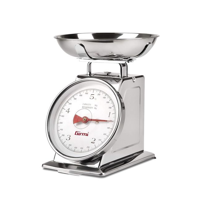 Girmi PS90 Balance de Cuisine Mécanique, Bol 1 L, Corps Inox, Graduation 20 g - Capacité 5 Kg, Fonction Tare
