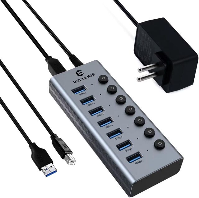 Hub USB 3.0 avec Alimentation Hub USB, 7 Port USB Hub Actif Extension USB avec interrupteurs individuels on/Off et 1 m de câble pour Surface, Laptop, PC, HHD, SSD