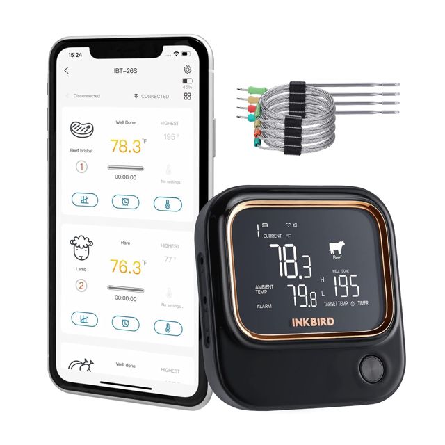 INKBIRD Thermomètre à viande sans fil Wifi 2.4G avec 4 Sondes, LCD