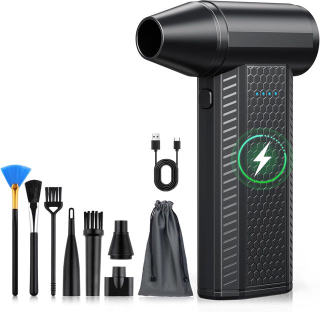 FOURQ Souffleur Air Comprimé avec,130000 TR/Min Souffleur avec Batterie 4000mAh,4 Vitesses Mini Souffleur Sans fil Puissant avec Brosses de Nettoyage PC pour Voiture, Maison, Clavier (noir)