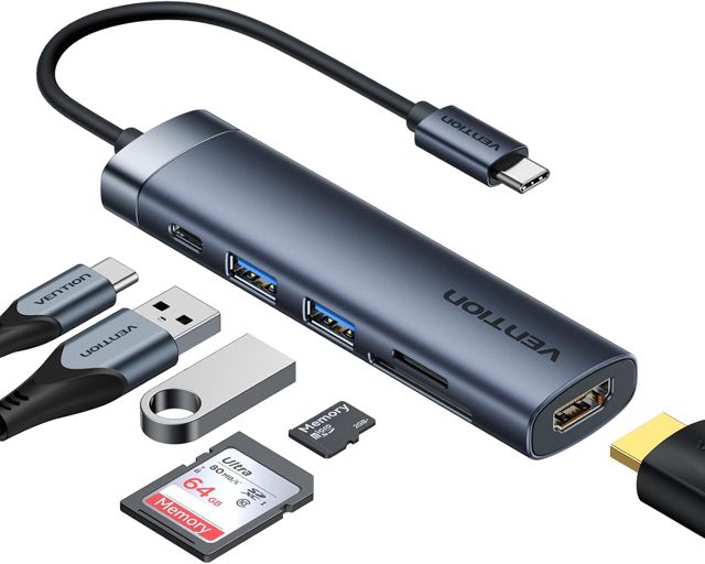 Hub USB-C VENTION 6-en-1 Adaptateur avec HDMI 4K et Charge PD 100W, Ports de Données USB-A 3.0 / USB-C 5 Gbit/s, Lecteur SD/TF, Compatible MacBook, iPad Air/Pro, iPhone 17/16/15, HP, Dell, Gray