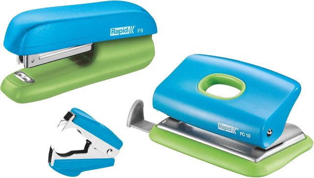 Rapid Funky Agrafeuse Manuelle Set scolaire complet agrafeuse + perforateur + ôte-agrafes Bleu/Vert Lot de 1