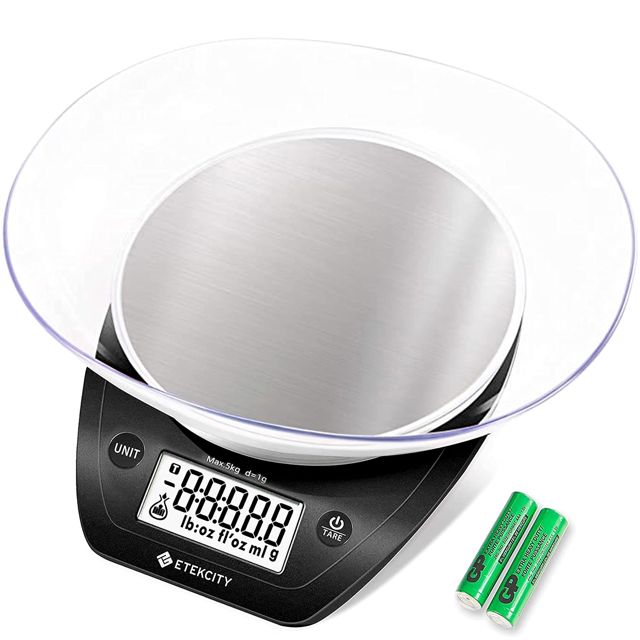 Etekcity Balance alimentaire 0,1 g, bol, grammes et onces numériques pour perte de poids, régime, pâtisserie, cuisine et préparation des repas, 5 kg, acier inoxydable noir