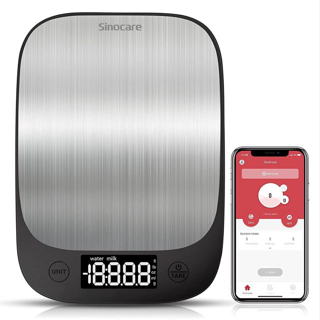 Balance Cuisine Connectée, Petite Balances des Aliments en Acier Inoxydable, Balance Précise avec Affichage à LED avec Fonction Grammes et Onces, Garantie de 5 kg par paliers de 1 g
