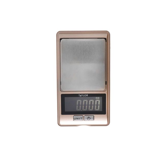 Balance de Cuisine de Précision Taylor Pro avec Précision de 0,01G et Tare, Format de Poche, Plastique / Acier Inoxydable, Or Rose, Capacité de Pesée de 500G / 16Oz