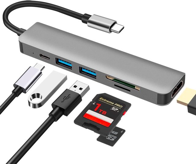Hub USB C 6-en-1 avec HDMI 4K Lecteur SD/TF et Ports USB