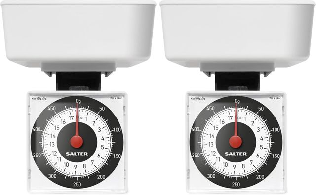 Salter 022 WHDR Balance de Cuisine Diététique Mécanique avec Bol, avec Aiguille, Capacité 500g, Incréments de 5g, Précis Portions, Balance s'adapte à l'Intérieur du Plateau, Blanc, Lot de 2