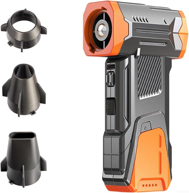 Dépoussiérant à air portatif, souffleur sans fil, ventilateur turbo 130 000 tr/min avec lumière LED, 4 vitesses réglables USB-C rechargeable avec buses pour le nettoyage en plein air (orange)