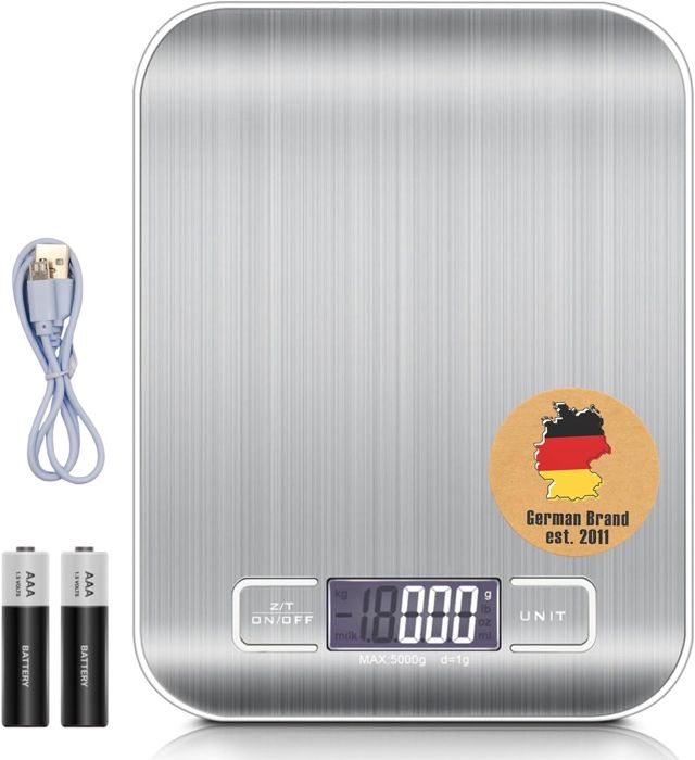 Intirilife Balance de cuisine numérique, 5 kg, rechargeable, alimentée par USB et piles, avec fonction tare et écran LCD, pour pâtisserie, cuisine, 1 g - Argenté