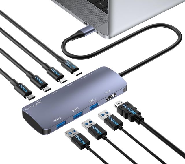 8-en-1 Hub USB C avec HDMI 4K60Hz, 4 USB-C+3 USB-A 3.2 10 Gbit/s, 100W PD