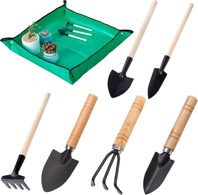 7PCS Mini Outils de Jardin Kit du Petit Jardinier avec Poignée en Bois Fer