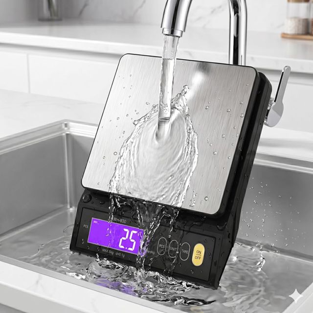 Balance Cuisine Etanche Rechargeable, 0,1g/5kg, Balance Alimentaire avec LCD Réglable, Fonction Tare, Comptage Pièces pour Pâtisserie et Cuisine, Arrêt Automatique, Acier Inoxydable 304 Lavable