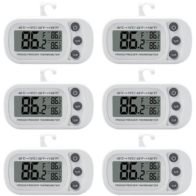 Lot de 6 mini thermomètres de réfrigérateur numériques avec crochets, étanches - Thermomètre de réfrigérateur avec crochet et aimant - Thermomètre de cuisine intérieur avec écran LCD