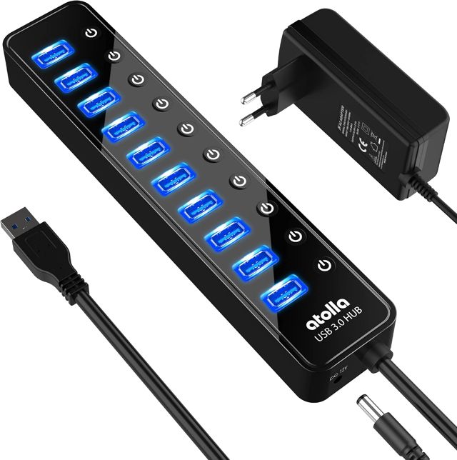 atolla Hub USB 3.0 actif 10 ports avec bloc d'alimentation, hub USB 3.0